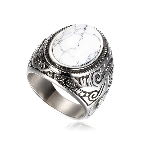 White marble stone ring made of stainless steel on a white background